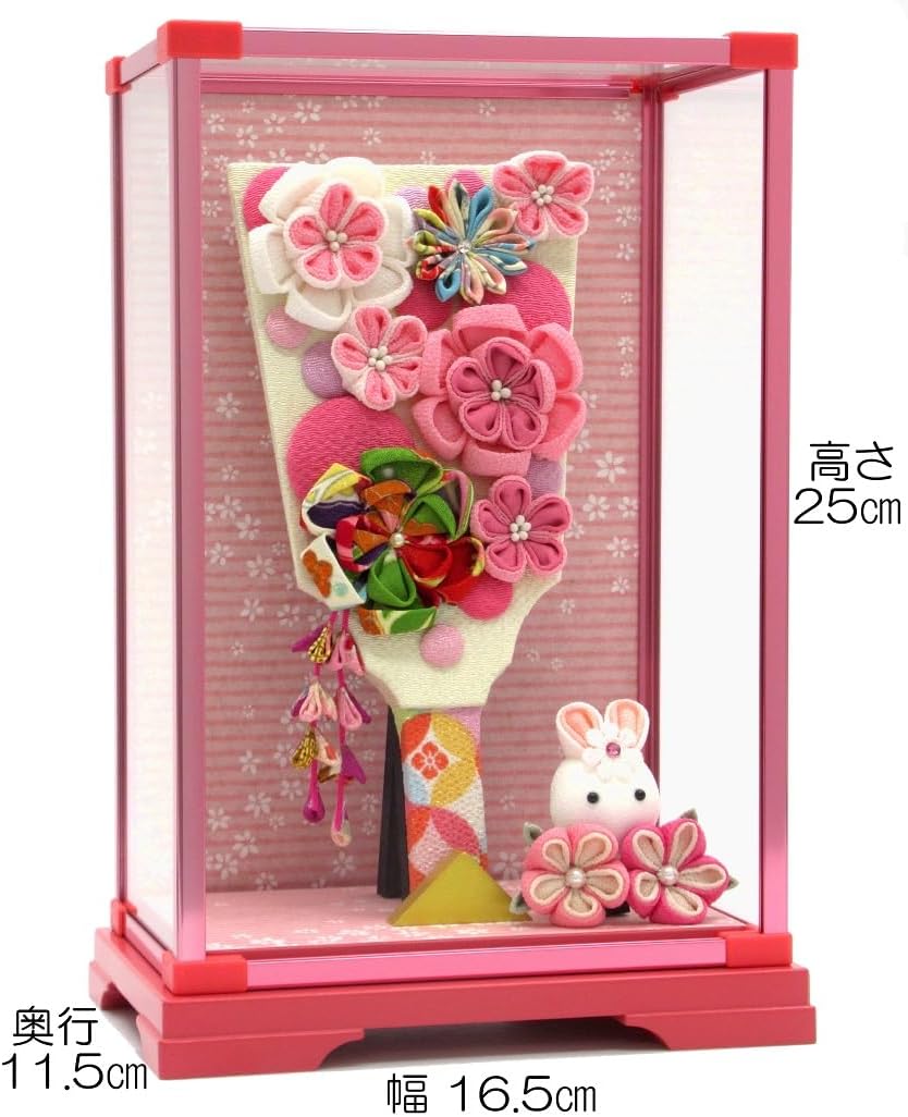 ミニ羽子板ケース飾り ピンクのつまみ細工羽子板 コンパクトな国産